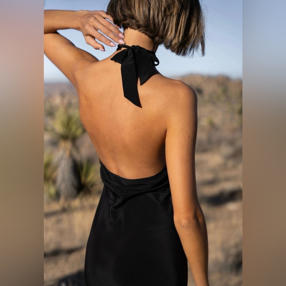 Elegant Satin Black Halter Dress S